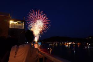 建物の上から見る花火の写真